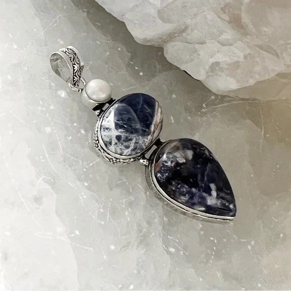 Sterling Silver 925 Sodalite Pendant Handmade Vintage Antique Style New - Picture 2 of 7
